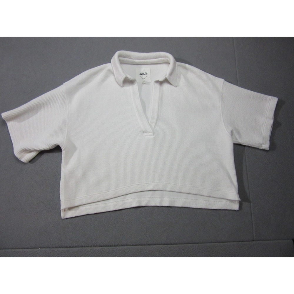 Aerie Top Womens Large White Cropped Oversize Real Waffle Knit Pullover